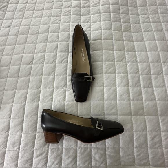 BRUNO MAGLI Pump Womens 37 US 6.5 Black Leather Square Toe Buckle Block Heel - Picture 1 of 15